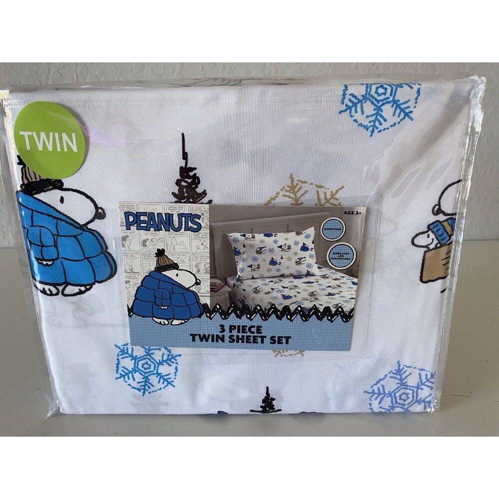 Peanuts Snoopy Puffy Coat TWIN SIZE Sheet Set Christmas Puffer Jacket White Blue